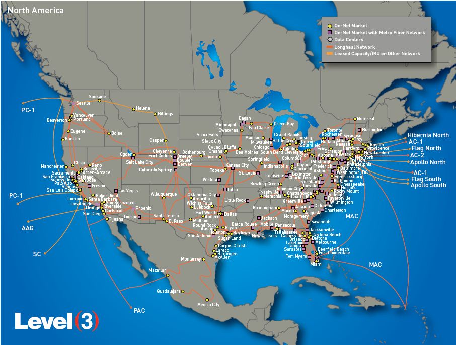 Map of the CenturyLink tier 1 network covering the United States