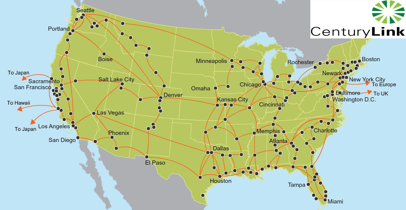 Map of the Level 3 tier 1 network covering the United States