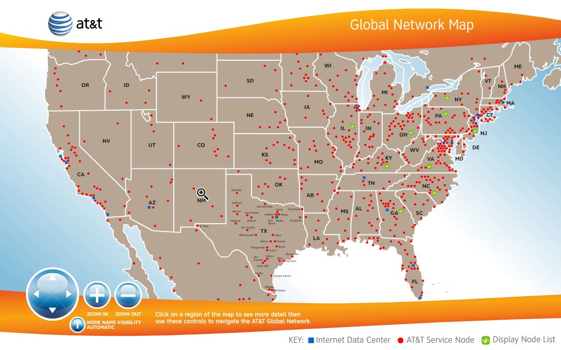 Map of the AT&T tier 1 network covering the United States