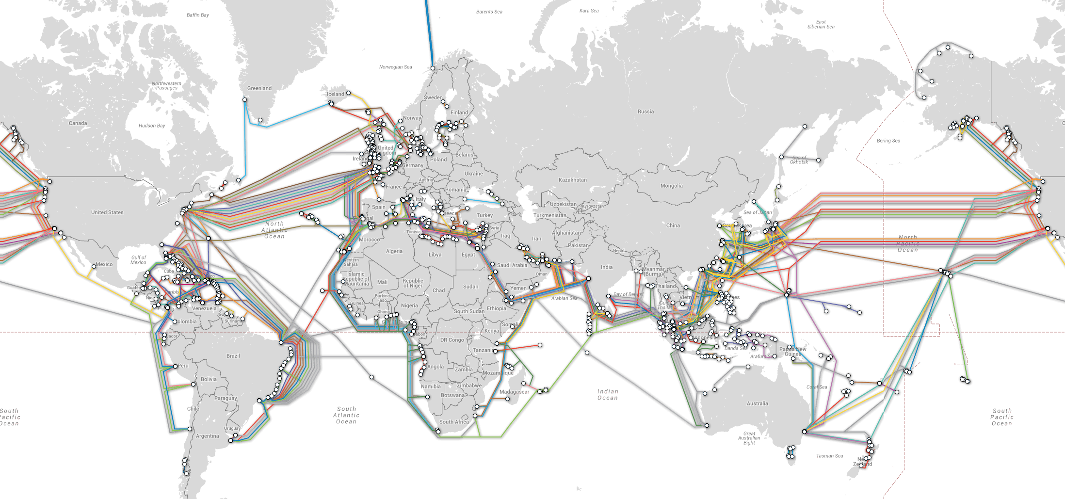 Map of the earth showing cables the cross the oceans and connect continents