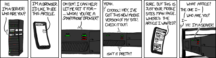 xkcd comic 869, "Server Attention Span": a person speaks to a server, which replies to every message with an identical, indifferent response, illustrating that the server keeps no memory of previous requests.